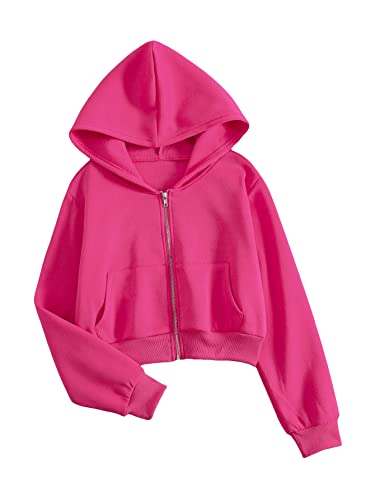 SHENHE Women's Casual Long Sleeve Zip Up Hoodie Jacket Drop Shoulder Preppy Sweatshirt Crop Tops Hot Pink X-Small