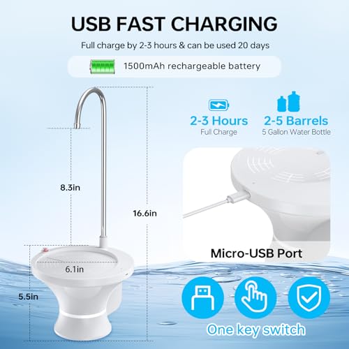 Image of Water Dispenser for 5 Gallon Bottle, Electric Drinking Water Bottle Pump for 2-5 Gallon Jugs, USB Rechargeable Water Pump with 2 Switch Control for Home, Office, Camping