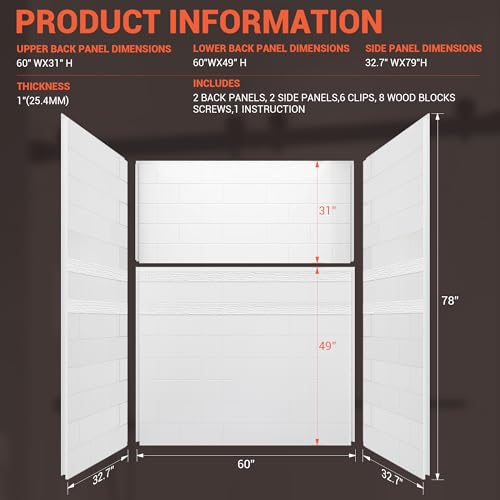 Shower Surround Wall Kit, 32D*60W*79H Inch 1\" Thick, Grid Surface Wall Panels for Shower Enclosure, White Tile Finish, SMC Material - Thumbnail 4