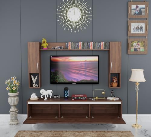 Image of Spyder Craft Matte Finish TV Entertainment Unit, Tv Stand with Wall Shelf Book Storage | Decore Living Room Engineered Wood TV Entertainment Books Storage & Decor Display Unit Color Columbian Walnut