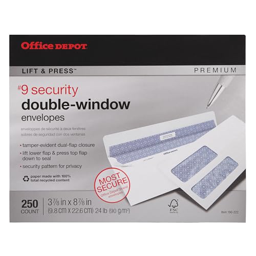 Office Depot 100% Recycled Lift Press(TM) Double-Window Envelopes, #9 (3 7/8in. x 8 7/8in.), White, Pack Of 250, 76167