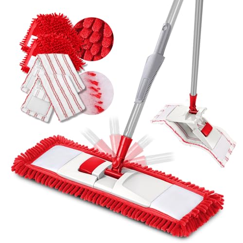 Zvonema Balai Serpillère, Balais Nettoyer Sol Rotatif à 360° à Manche 128cm, Nettoyage Sol Sec & Humide avec 4 Tampons de Remplacement, Fibre de Nylon &...