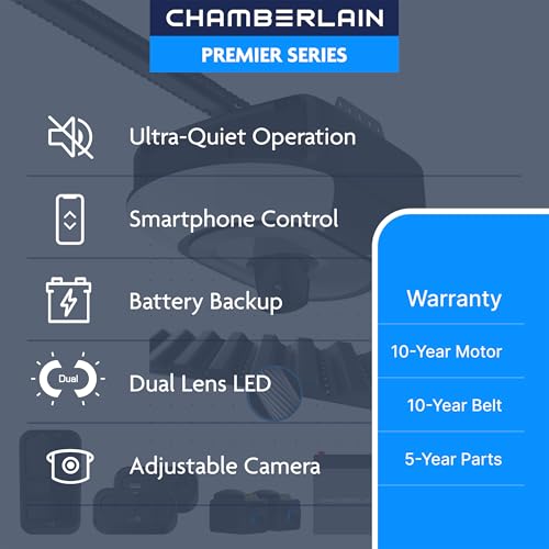Image of Chamberlain 1-1 /4 HP Belt Drive Smart Garage Door Opener with Built-in Camera, Dual LED Lighting, Battery Backup, and myQ Connectivity