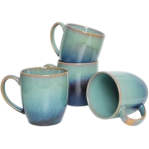 Bosmarlin Ceramic Coffee Mug Set of 4, 17 Oz, Coffee Cups with Big Handle, Microwave Safe, Unique Reactive Glaze(17 Oz, Pale Green) Cover