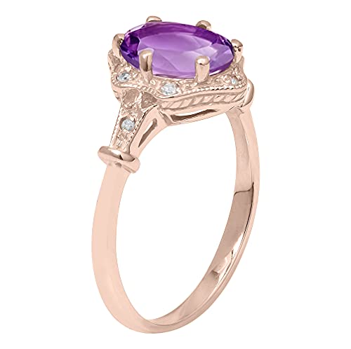 10K Rose Gold Vintage Style Genuine Oval Amethyst And Diamond Halo Ring #TOP1