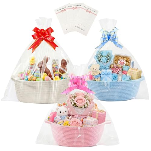Image of SEISSO 3 Pack Small Woven Basket for Gifts, Empty Baby Gift Baskets Hamper Kit for Birthday Baby Shower Toys Nursery Organiser with Gift Bags Ribbon Bows Cards, 30 x 20 x 13 cm, White, Pink, Blue