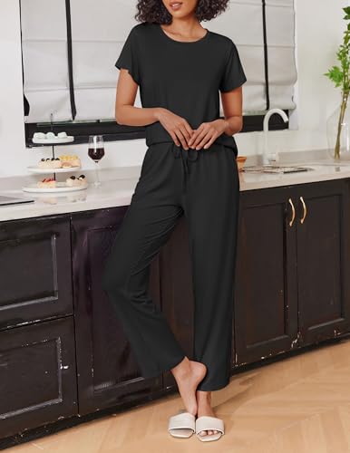Image of Ekouaer 2 Pack Pajamas for Women Set Short Sleeve Pj Top and Printed Pants | Soft PJs Cozy Printed Lounge Sets Comfy Sleepwear with Pockets
