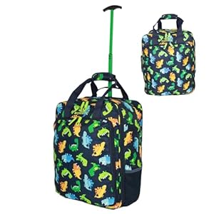 Bordlite EasyJet Kids Cabin Approved Holdall on Wheels, 45x35x20cm Underseat Carry-Ons, Extendable Handle, Multi Pocket, Travel Bag - 32L Flight Bags for Boys & Girls - Dino