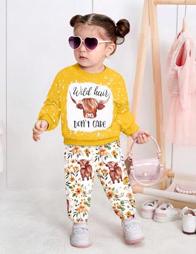 Image of Toddler Girl Clothes Fall Winter Outfits Wild Hair Don't Care Highland Cow Sweatshirt Pants Western Cowgirl Outfit