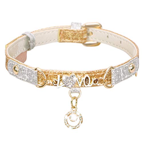 PetsHome Cat Collar, Dog Collar, [Bling Rhinestones][Sparkling Leather] Adjustable Cute Pet Collar with Pearl Pendant for Cat and Small Dog Extra Small Gold