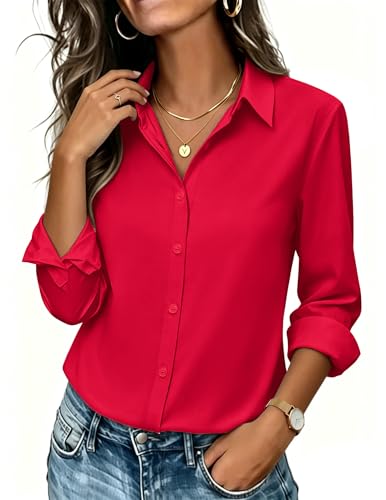 Zeagoo Button Down Shirt for Women Dressy Casual Long Sleeve Blouses Red Fall Tops Collared Work Office Outfits XXL