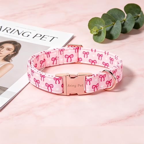 Image of ARING PET Girl Dog Collar for Puppy Small Medium Large Dogs-Pink Bow M | Cute Female Heavy Duty Pet Collars with Metal Buckle for XS S M L XL Dogs, for City Walk Coffee Shop Visit Birthday Party