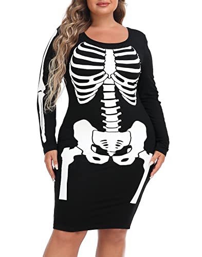 HDE Womens Plus Size Skeleton Dress Fun Spooky Halloween Costume Stretchy Long Sleeve Midi Bodycon Dress Fitted Party Outfit Black - 3X