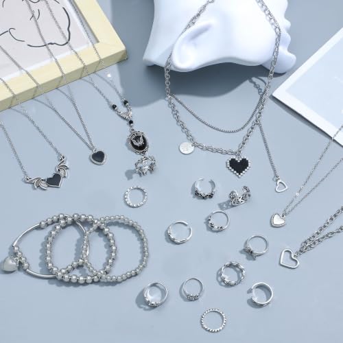 Image of NEWITIN 45 Pieces Silver Jewelry Set for Women Party Costume Punk Jewelry Set Goth Grunge Y2k Accessories Vintage Gothic Necklaces Bracelets Earrings Rings for Women Men