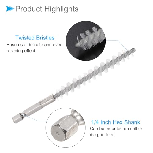 Image of Bore Brush, 8mm Dia 75mm Length, Nylon Twisted Cleaning Wire Brushes with 1 /4 inch Hex Shank - (Applications: for Power Drill)