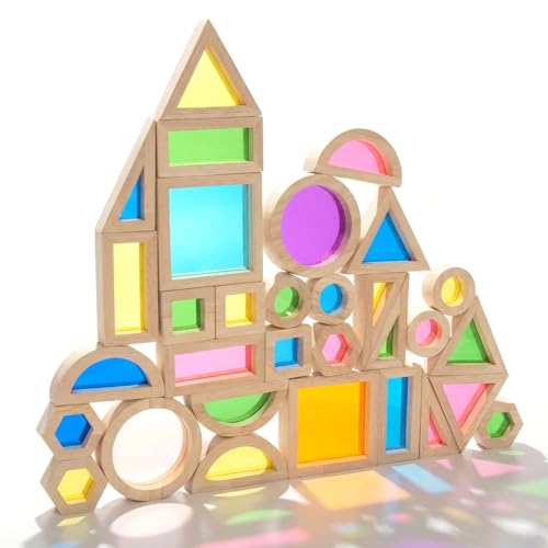 WOODENFUN Wood Building Blocks Set for Kids, 32 Pcs Rainbow