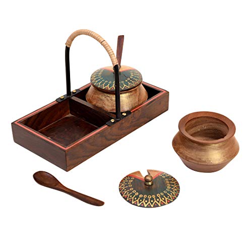 Image of AAKRITI ART CREATIONS Wooden Handi Set with Stylish Metal Handle Tray | Abstract Art Brown Matte Finish | Metal & Wood Handcrafted Serving Set | Decorative Kitchen & Dining Table Organizer