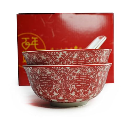 Image of Liang baobao Bowl Spoon Gifts Set Chinese Wedding Party Porcelain Tableware Set (Paper-cut style 囍)