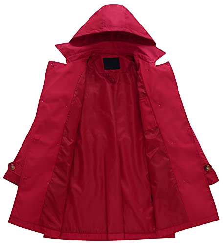 Women's Long Sleeve Slim Pea Coat Mid-Long Solid Color Trench Coat Slim Outerwear With Belt Red L #TOP3
