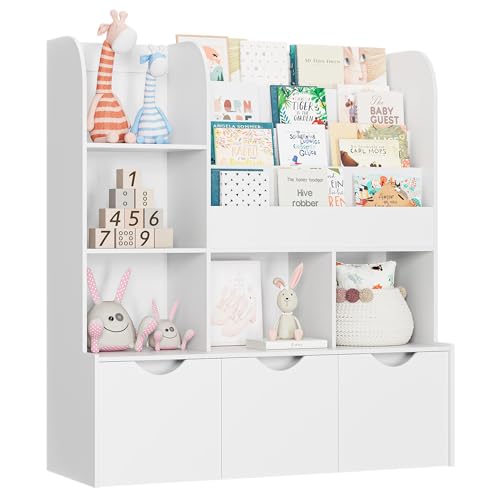 Image of FOTOSOK 47'' Kids Bookcase and Bookshelf, Multifunctional Bookcase with 5 Storage Cubbies and 3 Movable Drawers, Toy Storager Display Stand, Toy Storage Organizer for Bedroom, Playroom, Hallway, White