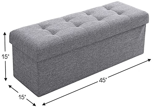 Ornavo Home Foldable Tufted Linen Large Storage Ottoman Bench Foot Rest Stool/Seat - 15" X 45" X 15" (Gray) #TOP4