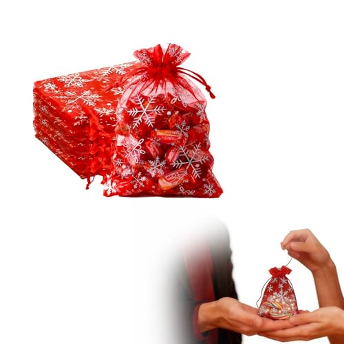 50 Sacos de Regalo en Organza con Copos de Nieve, Sacos de Regalo de 10 x 14.5 cm, Bolsas Rojas para Joyería de Bodas, Perfectos para Navidad, Calendarios de Adviento y Otras Celebraciones
