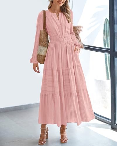 BTFBM Fall Dresses for Women 2025 Casual Long Sleeve V Neck Elastic Waist Lightweight Maxi Wedding Guest Dress Pockets