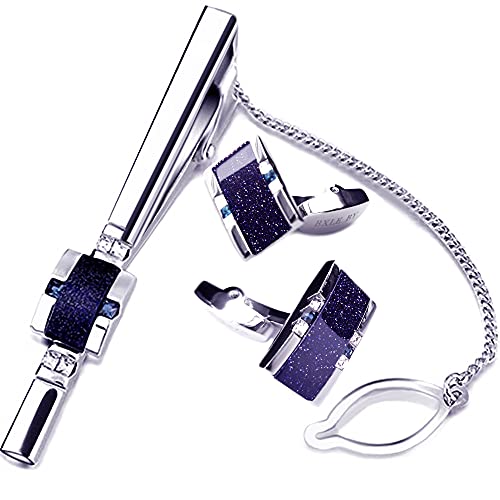 Luxury Navy Blue Cufflinks And Tie Clip For Men, Romantic Cuff-Links Necktie Bar Clips Set, Starry Star Night Stickpin Clasp Cufflink Button, Galaxy Shirt Studs Gift For Groomsmen #TOP24