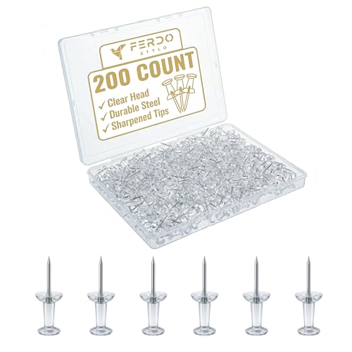 Ferdo Stylo Clear Push Pins, 200 Pack, Plastic Head, Steel Point, Map Tacks, Standard Clear Thumb Tacks for Wall Hangings, Bulletin Board, Standard Size Push Pin Tacks image 3