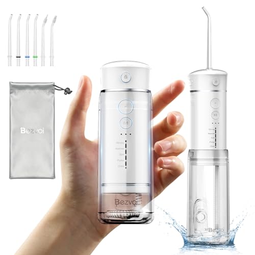 Irrigador bucal portátil: irrigador oral eléctrico con 5 modos, depósito de agua de 300 ml, IPX7, limpiador bucal impermeable con 6 puntas..