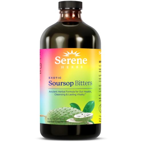 Image of Serene Herbs Soursop Bitters Liquid with Soursop Leaves for Gut Cleanse, Detox & Immune Boost with Black Seed, Moringa, Irish Moss, Ashwaganda, Turmeric, 16 fl oz (16 Fl, Soursop)