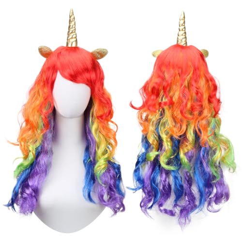 Capaneus Einhorn Perücke Damen mit Ohren und Horn, Lange Lockige Perücke, Bunt, Regenbogen, Karneval, Halloween, Party