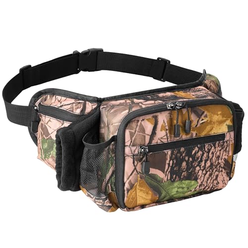 RunNico Hunting Camo Fanny Pack, Waterproof Camouflage Waist Pack Bags with Handwarmer and Adjustable Belt, Lightweight Hunting Waist Pouch Bag for Winter Outdoor Hiking Climbing Fishing Accessories