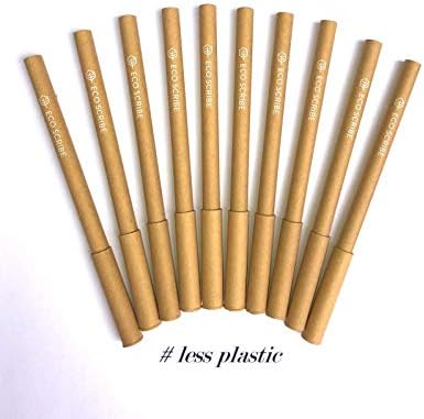 ECO SCRIBE - 100% PLASTIC FREE, Environmentally Friendly Kraft Paper Pens, Pack of 10, Black Ink Ballpoint Biros, Recyclable, Biodegradable, Multipack Box for School, Eco Stationery Gift Set