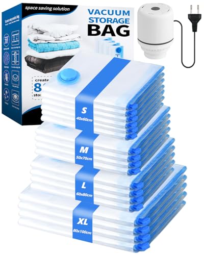Lot de 18 Sac sous Vide Vetement Aspirateur et Pompe Électrique – 4 Tailles Épaisses et Étanches : 4 Jumbo, 4 Grand, 4 Moyen, 6 Petit pour Vêtements,...