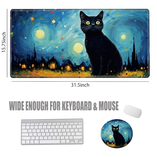 Image of Large Mouse Pad Gaming Desk Mat Black Cat Mousepad XXL 31.5''X15.75'' Desk Pad Extended Mouse Mat of Girl Desktop Computer with Coaster