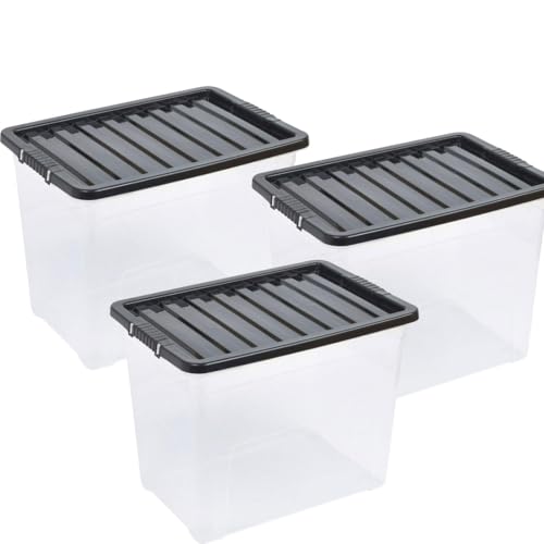 Image of OptiProducts 3 X 80L Large Plastic Storage Box with Black Lid – Heavy Duty Stackable Container, Multipurpose Storage Bin for Home, Office, Garage & Clothes Organisation