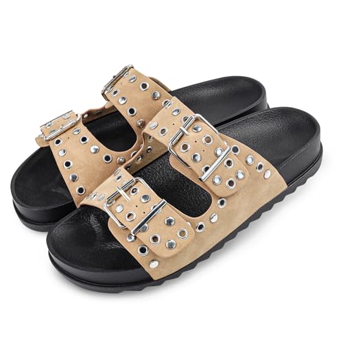 Image of Platform Sandals Women,Womens Sandals-Studded Silde Sandals-Double Buckle Adjustable-Beach Sandals for Women-Flat Sandals Summer Vacation