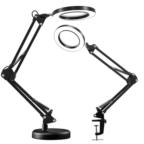Loupe 2 en 1 avec lumière et support, 10 lampes loupes LED avec pince, lampe loupe LED 10 W à intensité variable 3000-4500 K-6000 K, lampe avec loupe pour réparations artisanales et gros plans