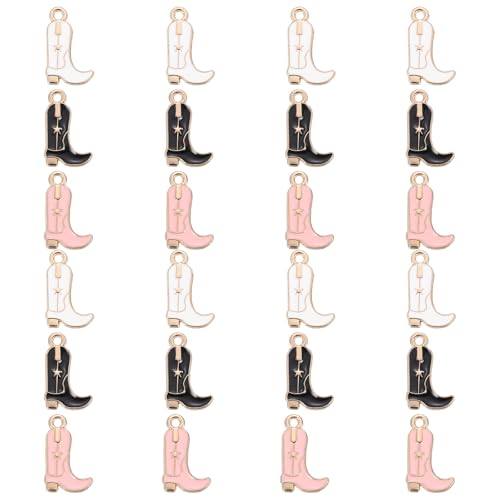 MECCANIXITY Western Charm for Jewelry Making 18mm Enamel Alloy Shoe Game Western Charm Pendants for Bracelet Necklace Earrings DIY Crafts Pack of 24 White Black Pink