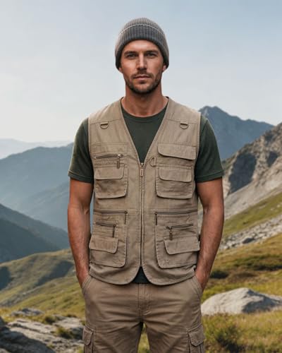 KTWOLEN Herren Outdoor Weste mit Multi-Taschened Anglerweste Jagd- und Angler Camping Wandern Weste Freizeit Ärmellos Jacke, Khaki, XL