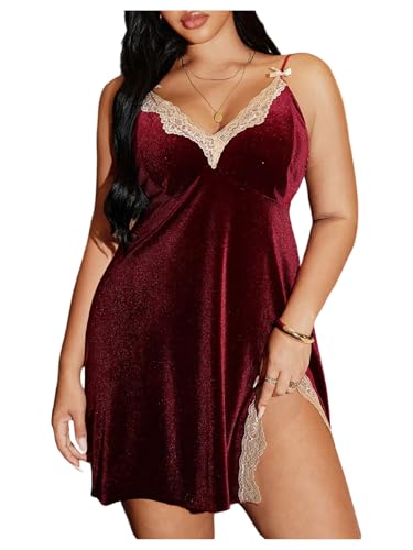 WDIRARA Women's Plus Size Lace Trim Velvet Nightgowns Slip Dress V Neck Nightdress Chemise Sleepwear Burgundy 3X-Large Plus