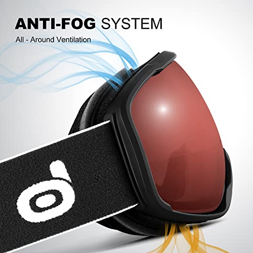 Odoland Black Frame Red Lens Vlt 25% Snow Ski Goggles S2 Double Lens Anti-Fog Otg Windproof Uv400 Eyewear For Men, Women And Youth-Skiing Snowboarding, #TOP3