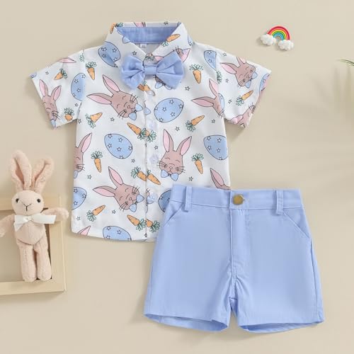 Image of Owl's-Yard Baby Boy Easter Outfits Rabbit Carrot Short Sleeve Button Down Shirts and Solid Color Shorts 2 Pcs Summer Set