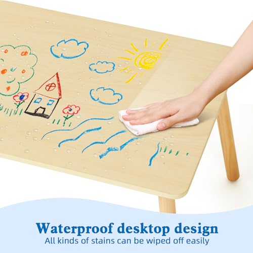 OOOK Wooden Kids Table and Chair Set, Waterproof Desktop Adorable Toddler Table Chairs Set with 2 Animal Chairs