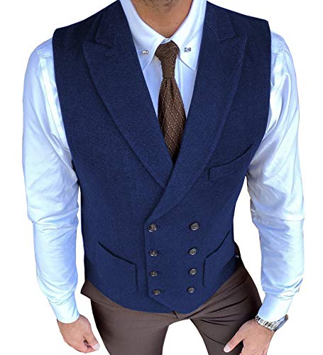 HSLS Gilet da uomo casual vestibilità regolare gilet doppiopetto in lana scamosciata per sposi(L, Blu Reale)