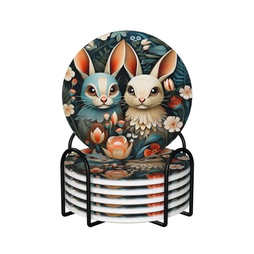 Dessous de verre avec support imprimé deux lapins mignon et utile