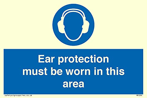 Viking Segni Mp264-A6L-Pv "Ear Protection Must Be Worn In This Area" Sign, Photoluminescent Sticker, 100 Mm Altezza X 150 Mm Larghezza