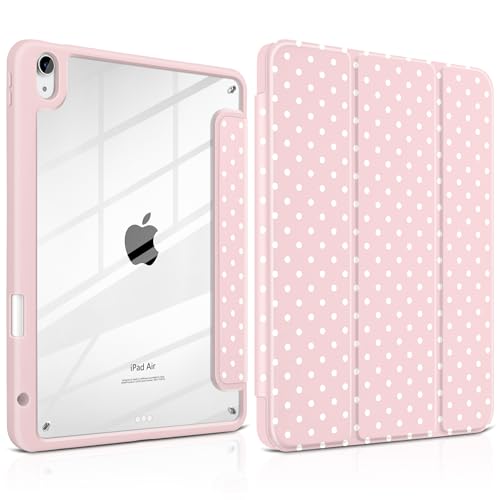 Yebiseven Case for iPad Air 11 Inch M4 M3 M2 2026 2025 2024 iPad Air 5th 4th Generation 10.9 Inch 2022 2020-[Pencil Holder] Shockproof Clear Hard Back Trifold Stand Auto Wake/Sleep Pink White dot