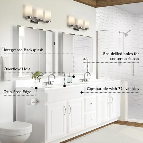 Image of Design House Cultured Marble Vanity Top, 73 in W x 22 in D, 2 Integrated 4 in Centerset Oval Sinks & Backsplash, Solid White, 597468